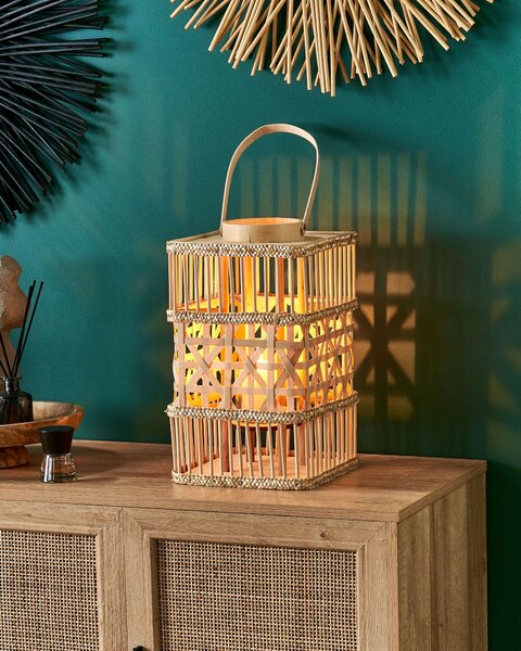 Lampáš prírodný bambusové drevo 35 cm so skleneným svietnikom boho dizajn dekorácie doplnky