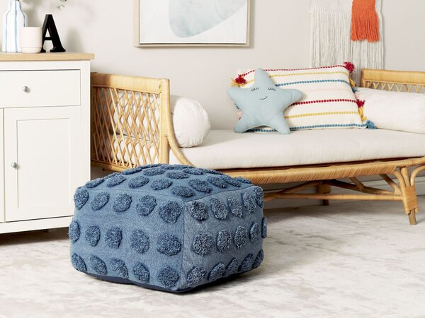 Puf modrá bavlna polystyrenový granulát 50 x 50 x 35 cm štvorcový tvar geometrický vzor taburet podnožka boho moderný štýl obývačka spálňa