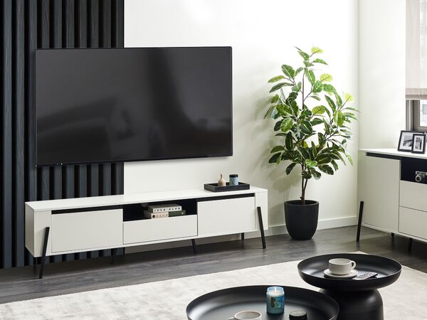 TV stolík biely čierne kovové nohy drevotrieska so zásuvkou a 2 skrinkami úložný priestor moderný dizajn