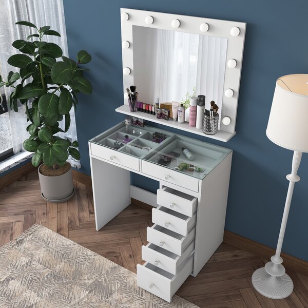 Kalune Design Toaletný stolík Melissa 03 s LED zrkadlom biely/čirý