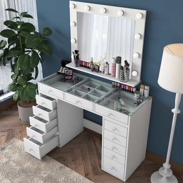Kalune Design Toaletný stolík Melissa 04 s LED zrkadlom biely/číry