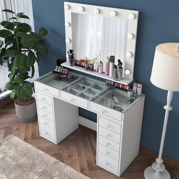 Kalune Design Toaletný stolík Melissa 04 s LED zrkadlom biely/číry