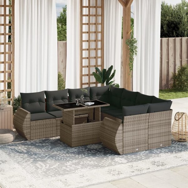 Maison Exclusive - 9-dielna záhradná súprava pohoviek s vankúmi sivá polyratanová