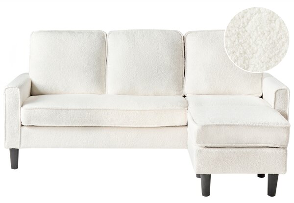 Pohovka biela buklé čalúnená 3 miestna s taburetom mid century modern obývacia izba