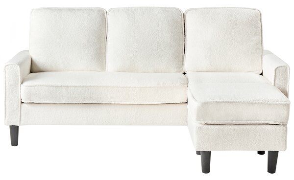 Pohovka biela buklé čalúnená 3 miestna s taburetom mid century modern obývacia izba