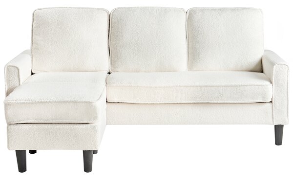 Pohovka biela buklé čalúnená 3 miestna s taburetom mid century modern obývacia izba
