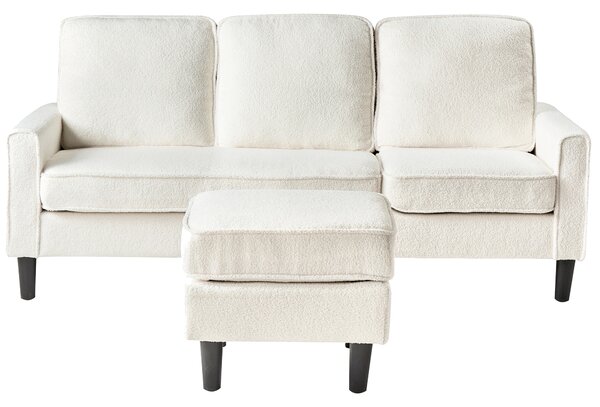 Pohovka biela buklé čalúnená 3 miestna s taburetom mid century modern obývacia izba