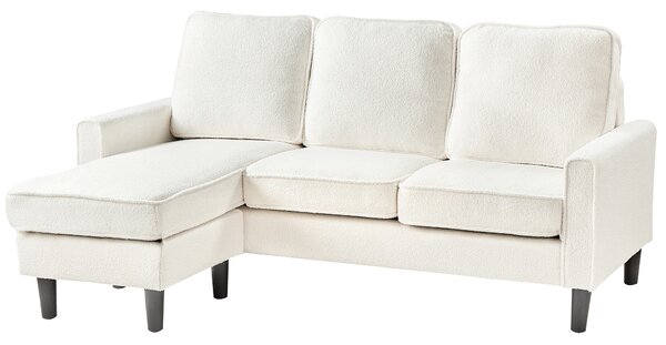 Pohovka biela buklé čalúnená 3 miestna s taburetom mid century modern obývacia izba