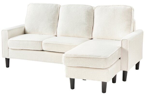 Pohovka biela buklé čalúnená 3 miestna s taburetom mid century modern obývacia izba