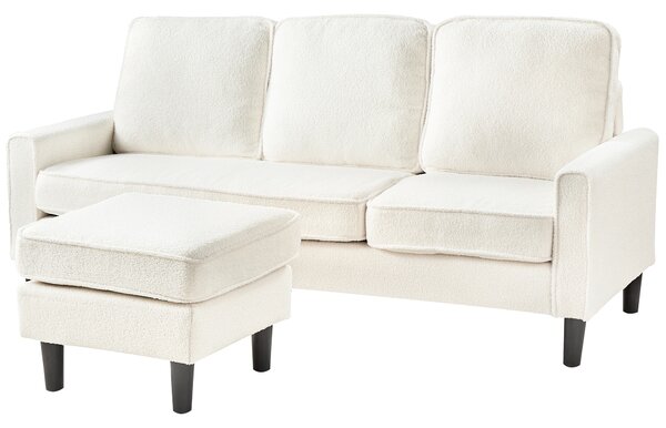 Pohovka biela buklé čalúnená 3 miestna s taburetom mid century modern obývacia izba