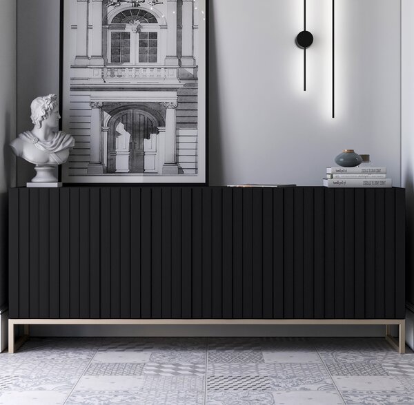 Komoda RTV Glamour 3D TV skrinka Moderný nábytok Lindner 168cm x 36,5cm x 72cm Farba: Čierna matná Rám: Zlatý kovový