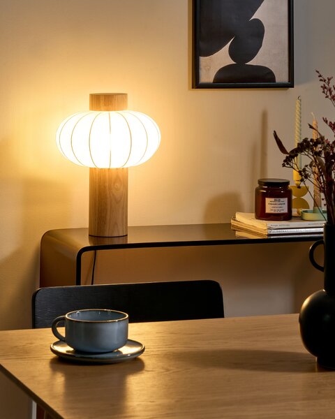 Stolná lampa svetlohnedá kov železo nylonové tienidlo kaučukové drevo moderná obývacia izba spálňa