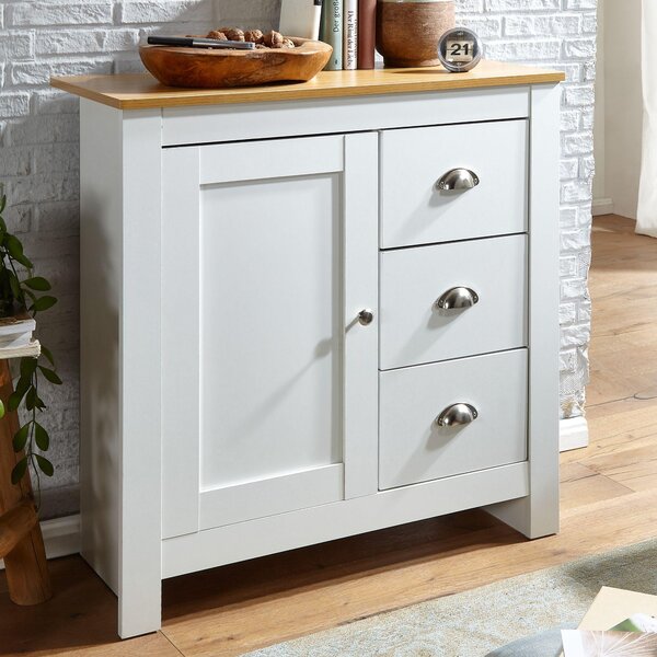 Komoda FineBuy s 3 zásuvkami 79x81x35 cm, biela / dub, moderný dizajn, vysoká komoda s dvierkami a zásuvkami, do obývacej izby