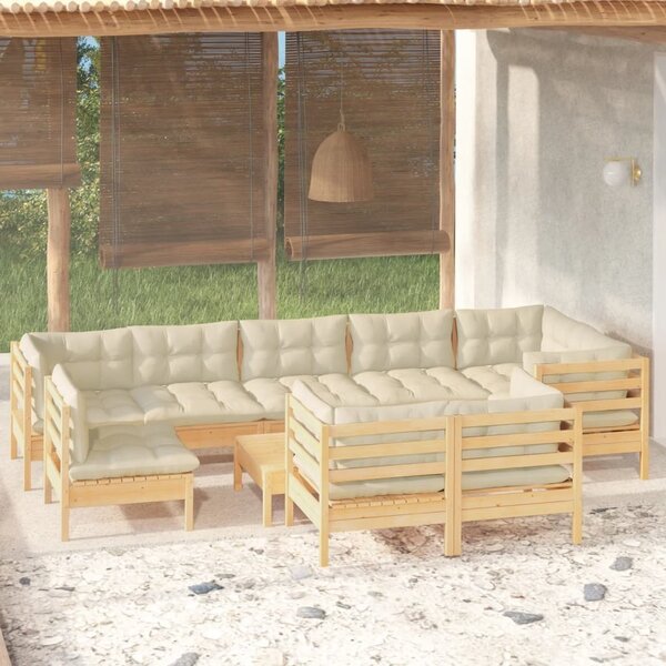 Maison Exclusive - 10-dielny záhradný set s krémovými vankúšmi borovicový masív