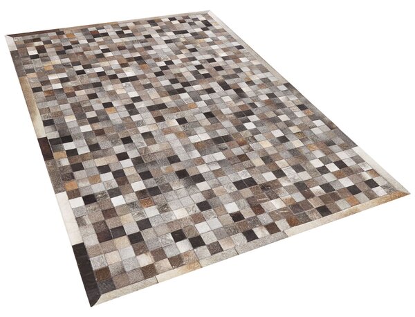 Koberec sivý hnedý a béžový kožený 160 x 230 cm patchworkový s geometrickým vzorom