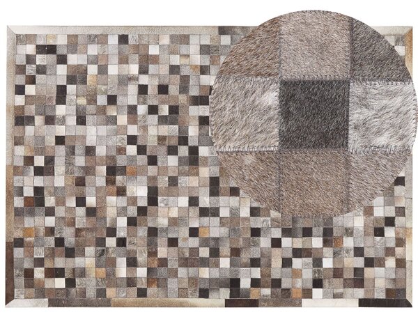 Koberec sivý hnedý a béžový kožený 160 x 230 cm patchworkový s geometrickým vzorom