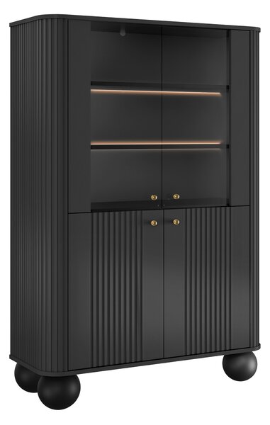 Vitrína Vesper 103 cm štvordverová - čierna / zlaté úchytky / guľaté nohy