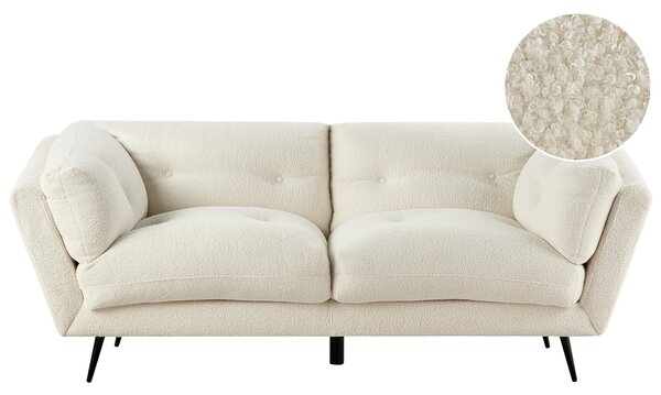Pohovka biela buklé čalúnenie 210 x 90 cm 3-miestna kovové nohy s vankúšmi retro štýl obývacia izba