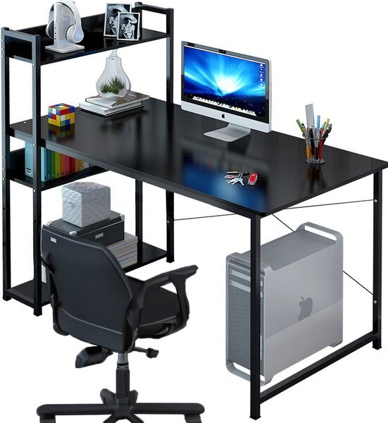 Počítačový stôl, široký stôl, čierna, písací stôl s knihovňou, LOFT, stôl pre tínedžera