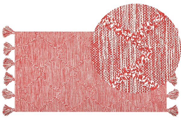 Koberec červená biela bavlna 80 x 150 cm geometrický vzor obdĺžnikový tvar ručne všívaný so strapcami obývačka spálňa