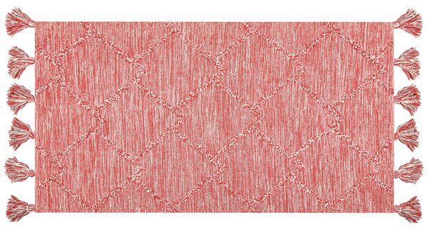 Koberec červená biela bavlna 80 x 150 cm geometrický vzor obdĺžnikový tvar ručne všívaný so strapcami obývačka spálňa