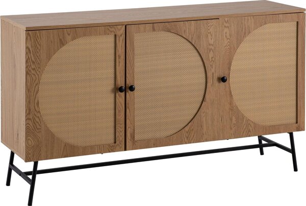Príborník 140x80x39 cm komoda Imitácia dub s ratanovým výpletom moderná, vysoká komoda, stojanová skriňa s 3 dverami, príborník obývačka | Wohnling