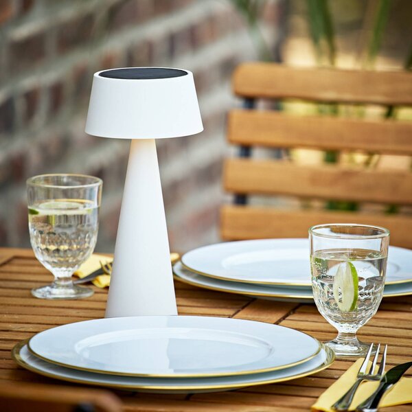 LED stolová lampa Solino, biela, solárna/USB, 26 cm, IP44, Biela / opálová, Obývacia izba / jedáleň, Hliník, Moderný