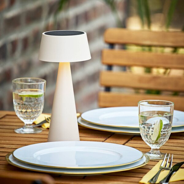 LED stolová lampa Solino, béžová, solárna/USB, 26 cm, IP44, Krémová / jantárovo žltá, Obývacia izba / jedáleň, Hliník, Moderný
