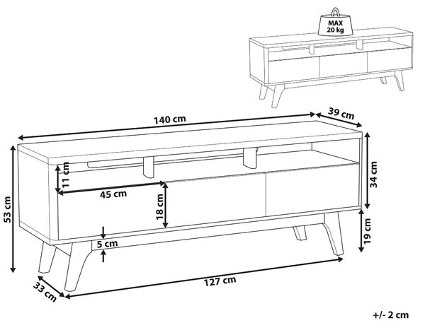 TV stôl tmavé drevo farba biela MDF doska 53 x 140 x 39 cm moderné očarujúce trendy praktické 3 zásuvky veľa úložného priestoru obývačka