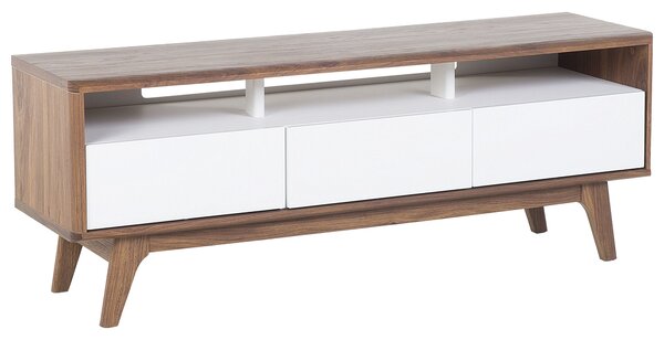 TV stôl tmavé drevo farba biela MDF doska 53 x 140 x 39 cm moderné očarujúce trendy praktické 3 zásuvky veľa úložného priestoru obývačka