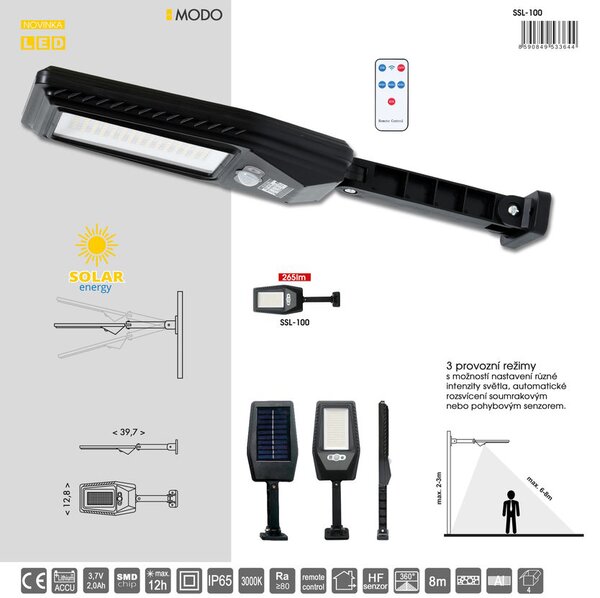 Solárne fasádne senzorové LED svietidlo s DO 265lm (SSL-100)