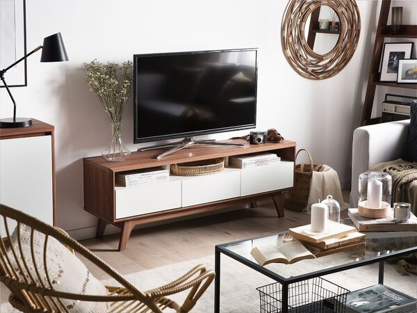TV stôl tmavé drevo farba biela MDF doska 53 x 140 x 39 cm moderné očarujúce trendy praktické 3 zásuvky veľa úložného priestoru obývačka