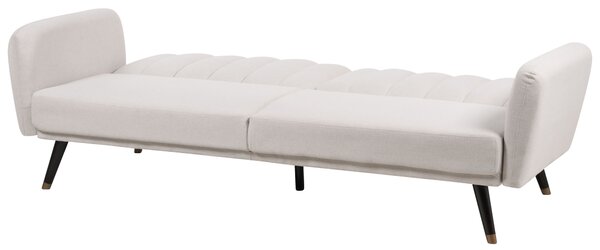 Rozkladacia pohovka béžová látkové čalúnenie vhodná na spanie elegantná moderná obývacia izba spálňa