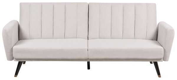 Rozkladacia pohovka béžová látkové čalúnenie vhodná na spanie elegantná moderná obývacia izba spálňa