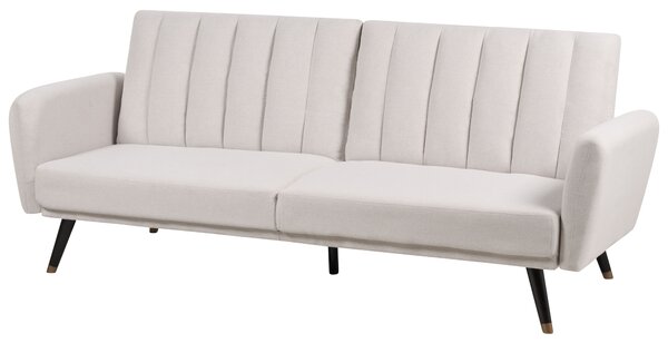 Rozkladacia pohovka béžová látkové čalúnenie vhodná na spanie elegantná moderná obývacia izba spálňa