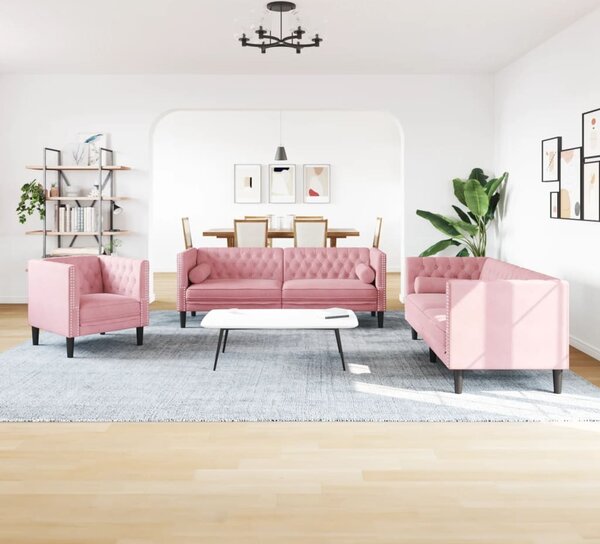 Maison Exclusive – 3-dielna čalúnená sedacia súprava Chesterfield s opierkami hlavy, ružová zamatová