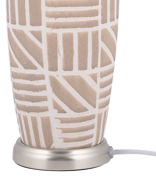 Stolná lampa béžová biela strieborná keramický podstavec 48 cm vzorovaný podstavec látkové tienidlo nočná lampa moderný štýl spálňa