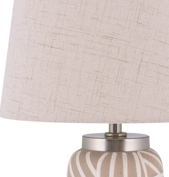 Stolná lampa béžová biela strieborná keramický podstavec 48 cm vzorovaný podstavec látkové tienidlo nočná lampa moderný štýl spálňa