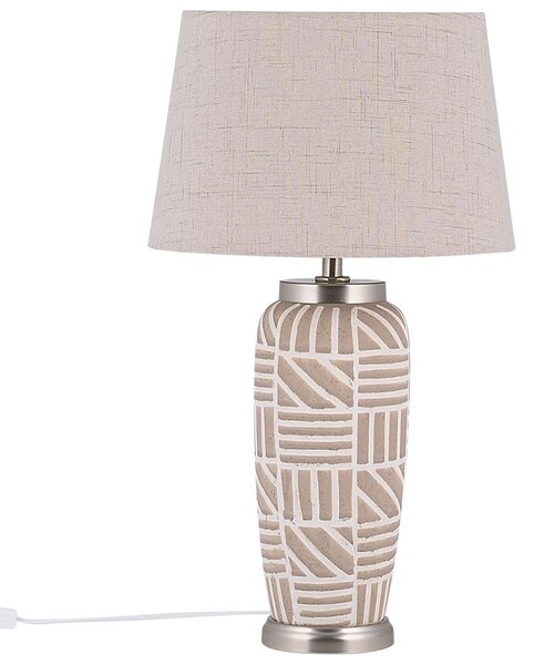 Stolná lampa béžová biela strieborná keramický podstavec 48 cm vzorovaný podstavec látkové tienidlo nočná lampa moderný štýl spálňa