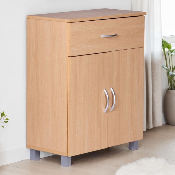 Komoda FineBuy z bukového dreva 60x75x30 cm Komoda so zásuvkami a dvierkami Malá moderná komoda Drevená skriňa Univerzálna skriňa s úchytkami Malá skriňa do predsiene