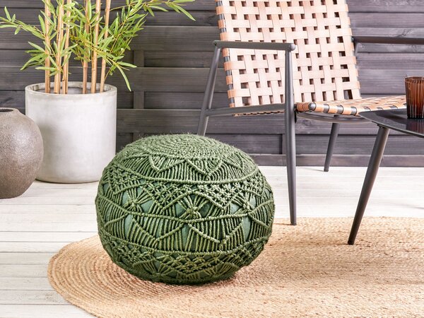 Záhradný puf zelený syntetický materiál 50 x 50 cm okrúhly tvar pletený makramé vzor taburet podnožka boho štýl interiér exteriér