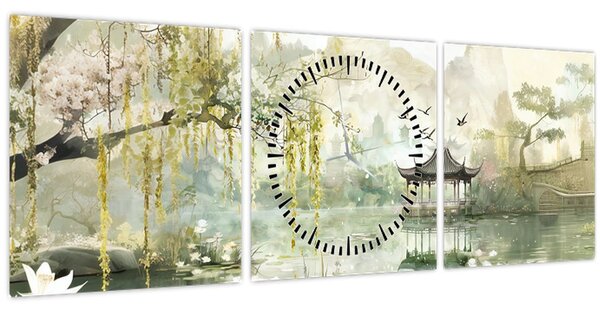 Obraz - Čínske jazero (s hodinami) (90x30 cm)