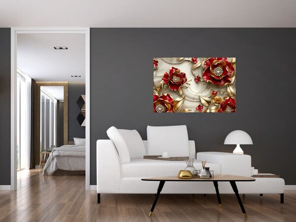Obraz - 3D Červeno-zlaté kvety (90x60 cm)