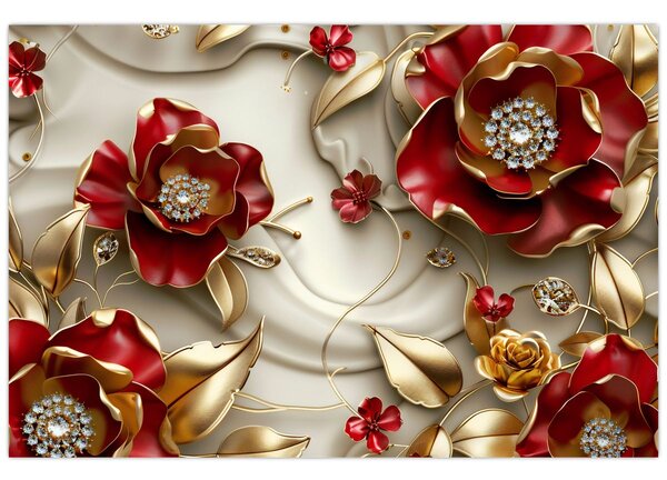 Obraz - 3D Červeno-zlaté kvety (90x60 cm)