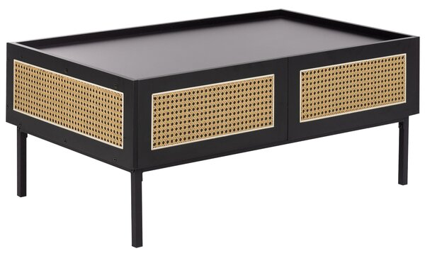 Konferenčný stolík čierna ratan MDF železný rám 100 x 60 x 42 cm ratanový výplet úložný priestor zásuvky boho štýl obývacia izba