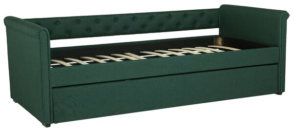 Rozkladacia posteľ tmavozelené látkové čalúnenie s gombíkmi 80 x 200 cm posteľ pre hostí detská izba
