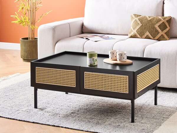 Konferenčný stolík čierna ratan MDF železný rám 100 x 60 x 42 cm ratanový výplet úložný priestor zásuvky boho štýl obývacia izba