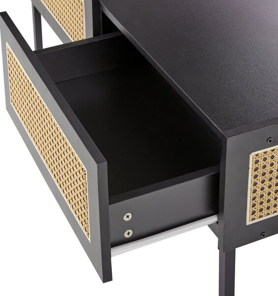 Konferenčný stolík čierna ratan MDF železný rám 100 x 60 x 42 cm ratanový výplet úložný priestor zásuvky boho štýl obývacia izba