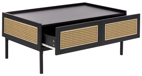 Konferenčný stolík čierna ratan MDF železný rám 100 x 60 x 42 cm ratanový výplet úložný priestor zásuvky boho štýl obývacia izba