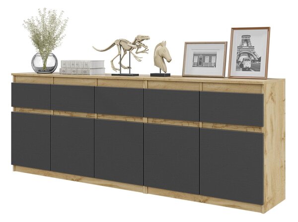 Komoda NOAH Dub Wotan / Antracit – Veľká Komoda do Spálne s 5 Zásuvkami a 5 Dvierkami, Set Komôd Š200 x V75 x H35 cm
